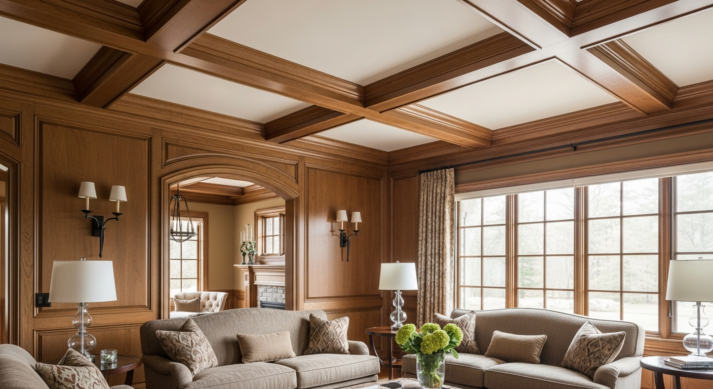 Carpenter fitting painted wall trim in a bright interior